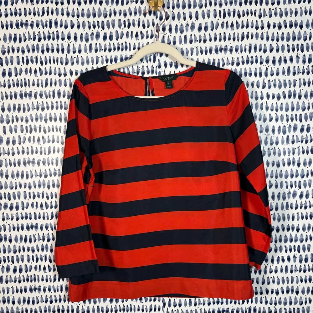 J. Crew Stripe Blouse sz M navy red #91566 poly 3/4 sleeve lightweight